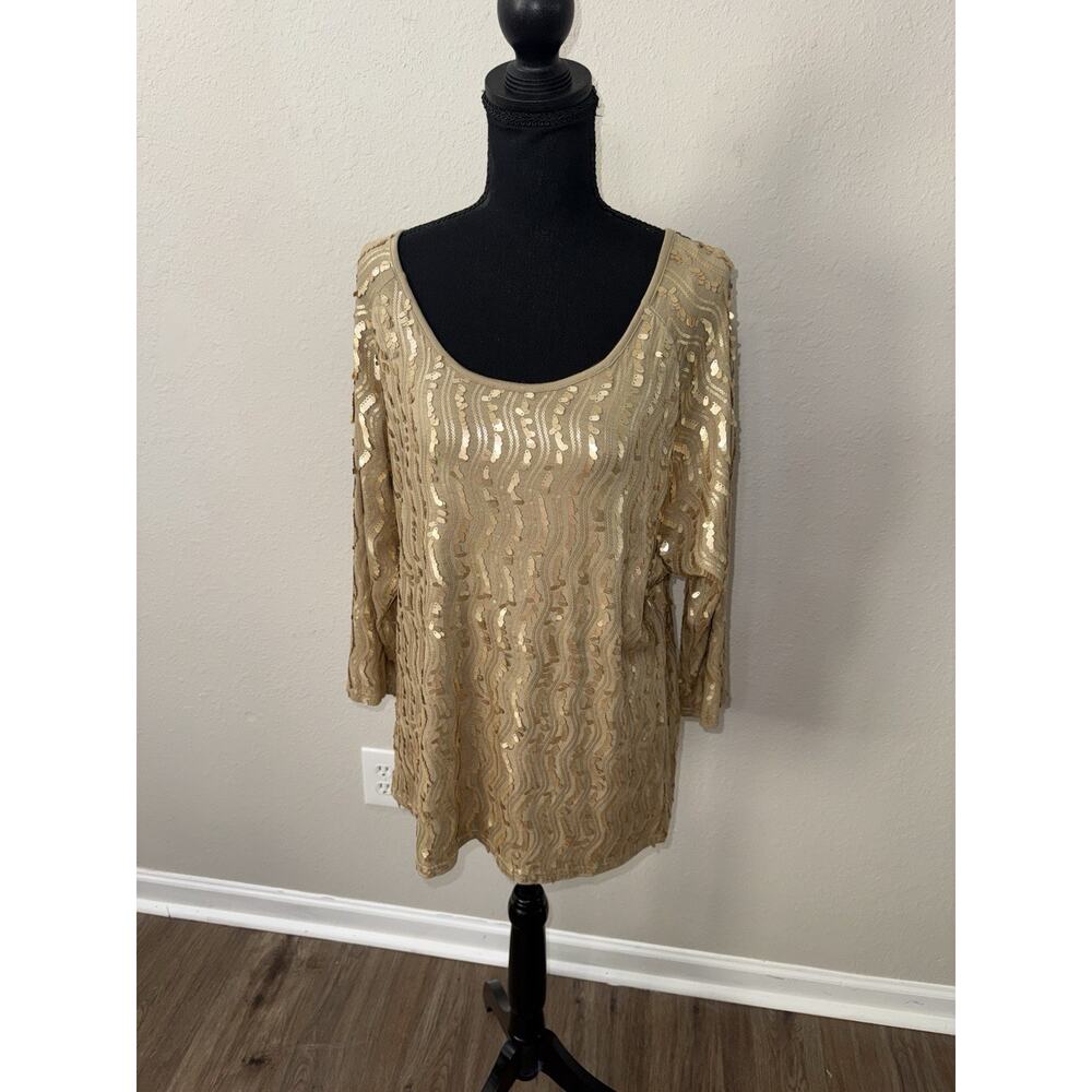 Reba Gold Sequin Tunic Top Womens XL Blouse Shimmer Wave Pattern Scoop Neck
